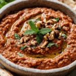 muhammara recipe served with fresh veggies and pita
