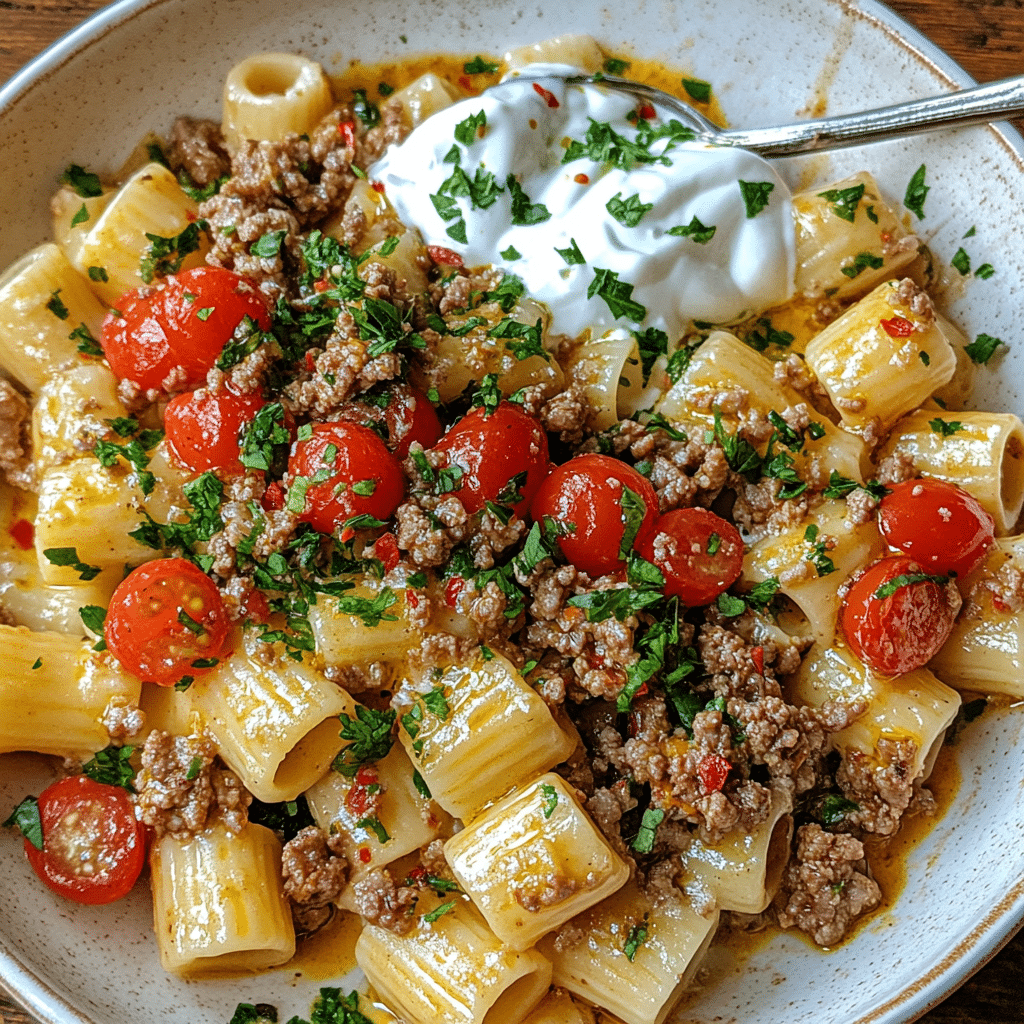 Healthy Turkish pasta recipe with yogurt sauce and cherry tomatoes