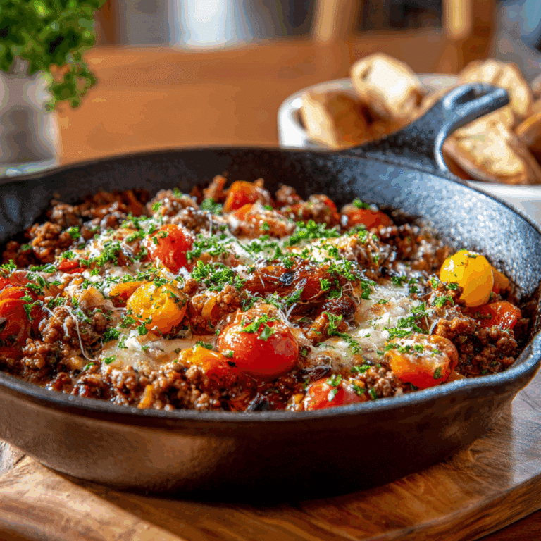 Top-down view of a Mediterranean ground beef skillet with tomatoes, spinach, kalamata olives, and feta cheese in a cast-iron pan.