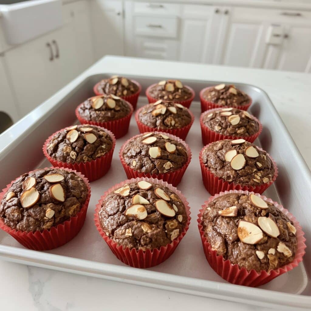 Freshly baked chocolate oat cups in a red silicone muffin tray