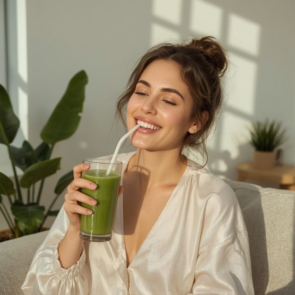 Green juice with cucumber, celery, apple, ginger, and lemon