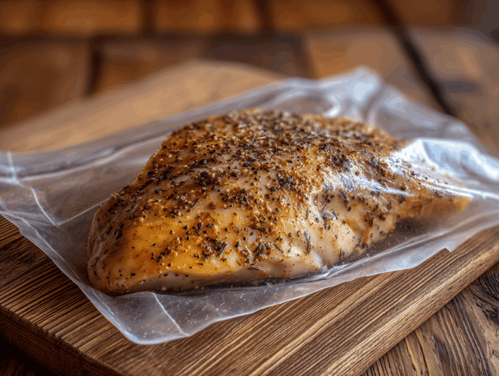 Sealing marinated chicken breasts in bag for sous vide