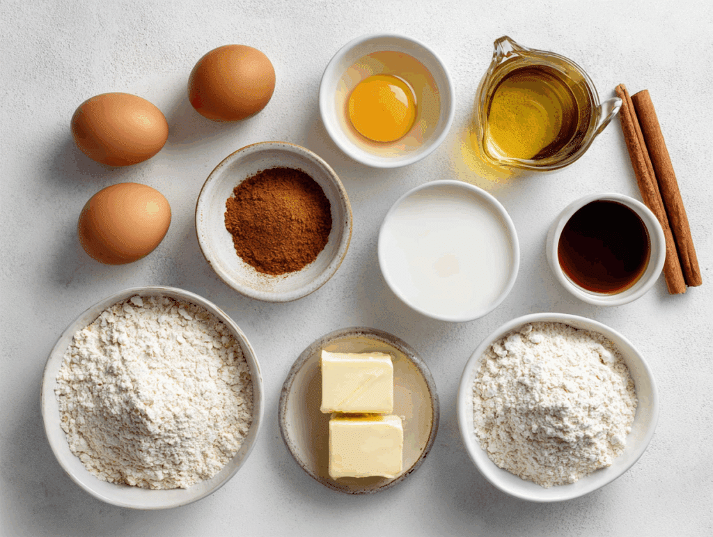 Ingredients for gluten free cinnamon rolls measured in bowls on marble countertop