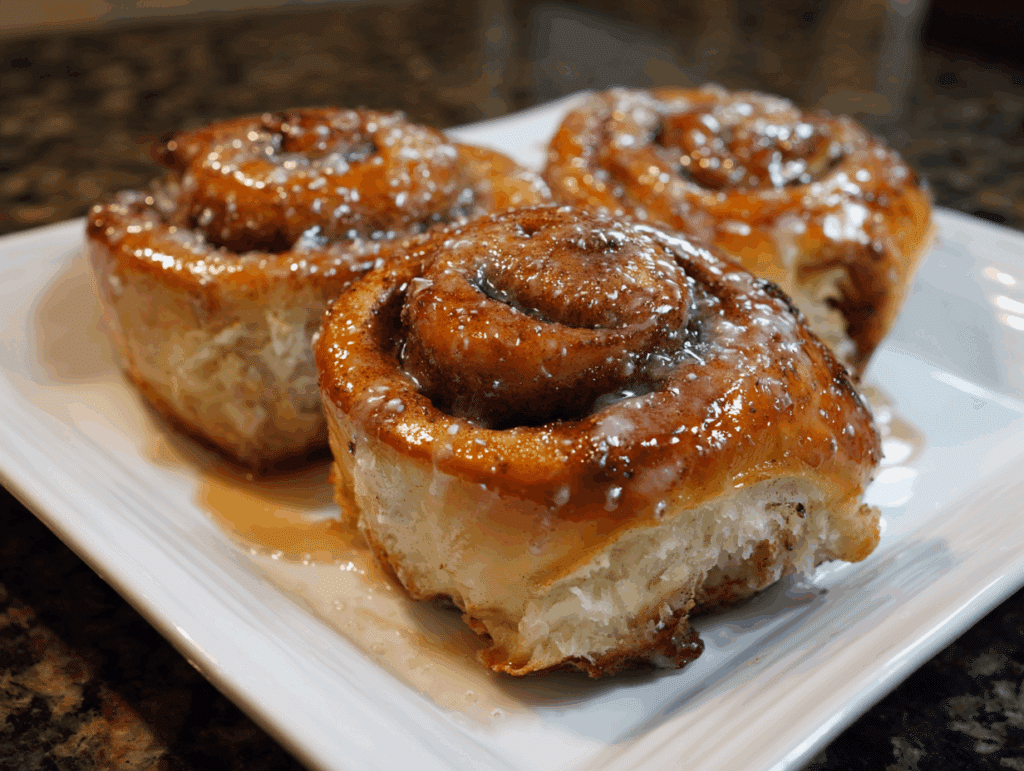 Gluten free cinnamon roll served on a plate with fork and linen napkin