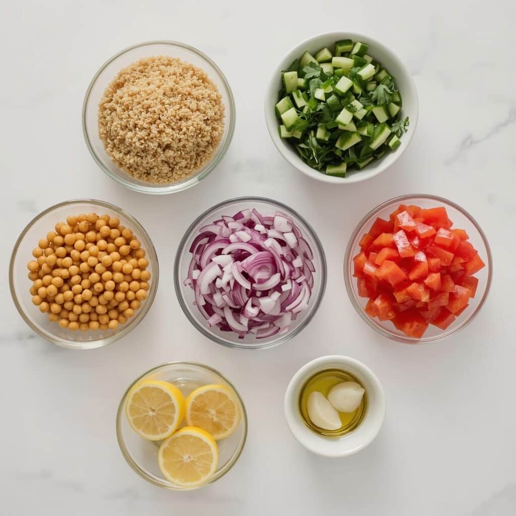 Quinoa salad ingredients including chickpeas, cucumber, red onion, parsley, and lemon