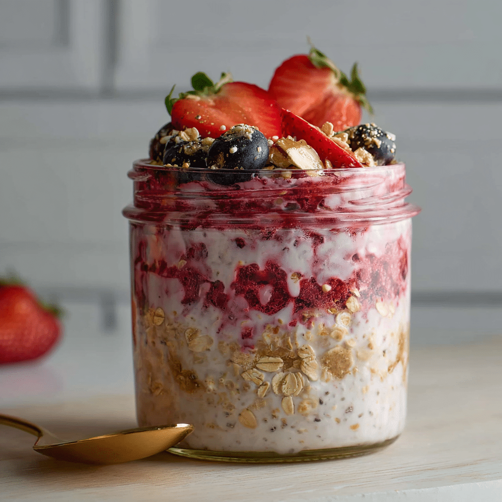 berry cheesecake overnight oats in jar with spoon and berries