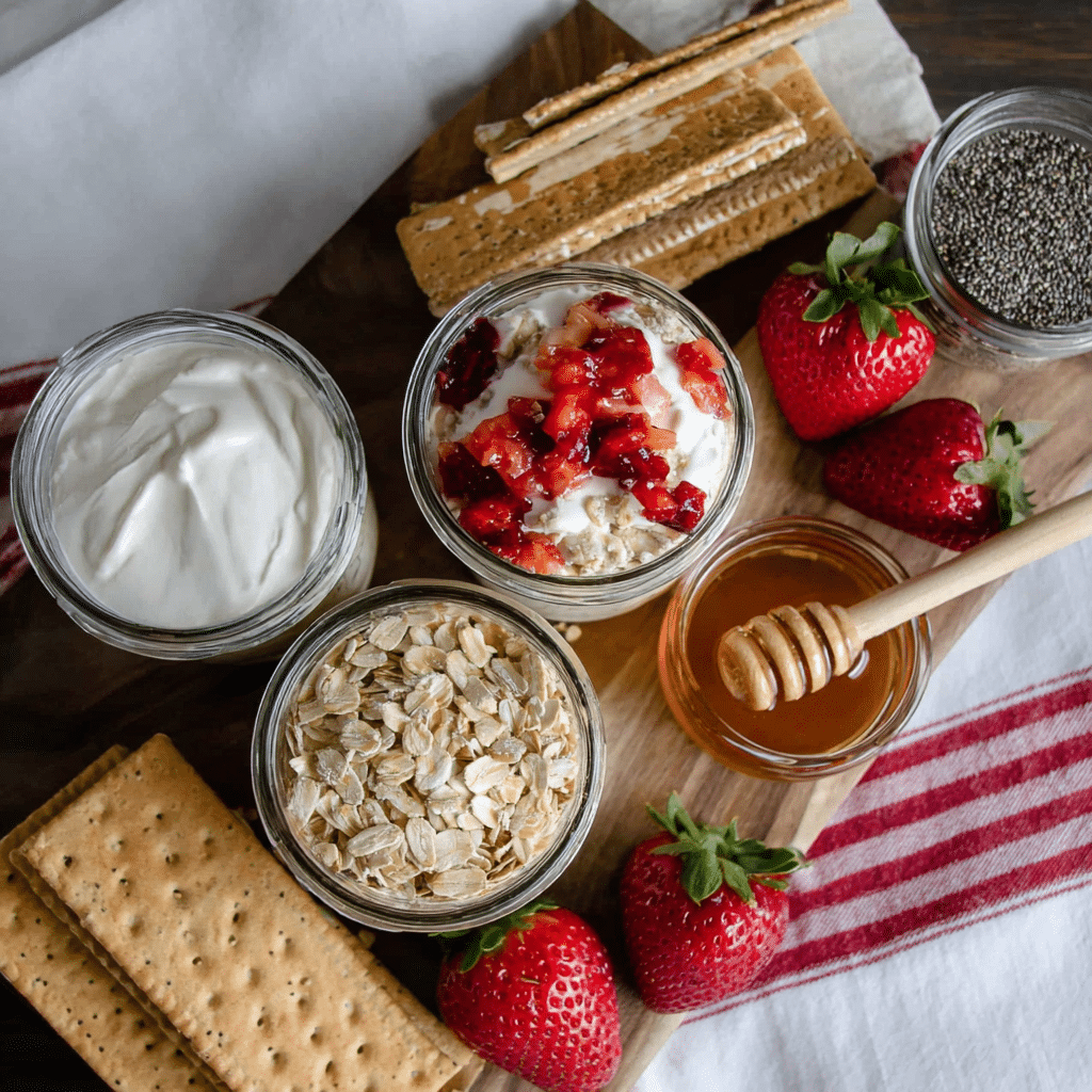ingredients for berry cheesecake overnight oats laid out on table