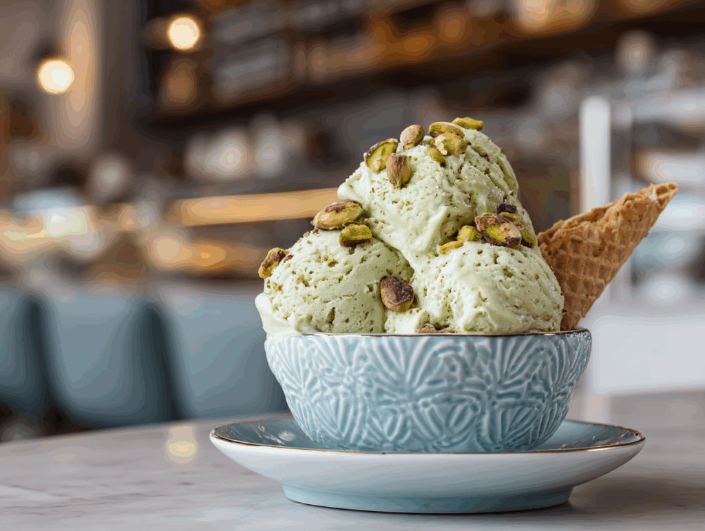 served pistachio ice cream with chopped pistachios