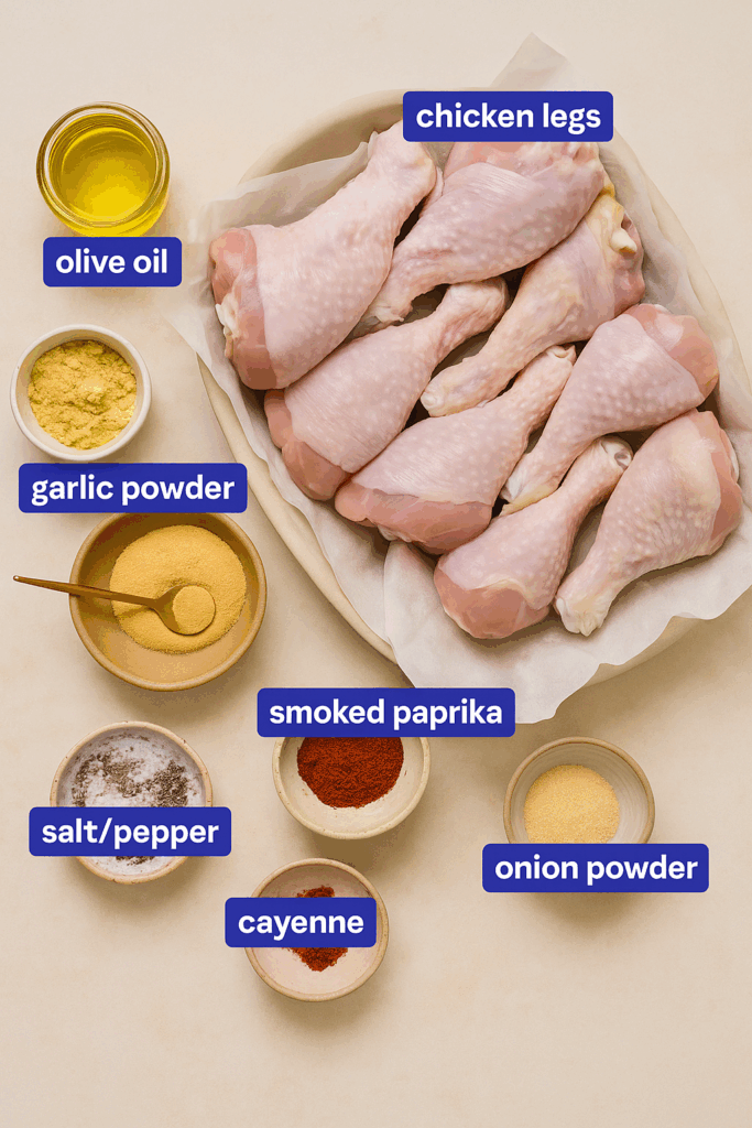 grilled chicken drumsticks ingredients with spices and olive oil