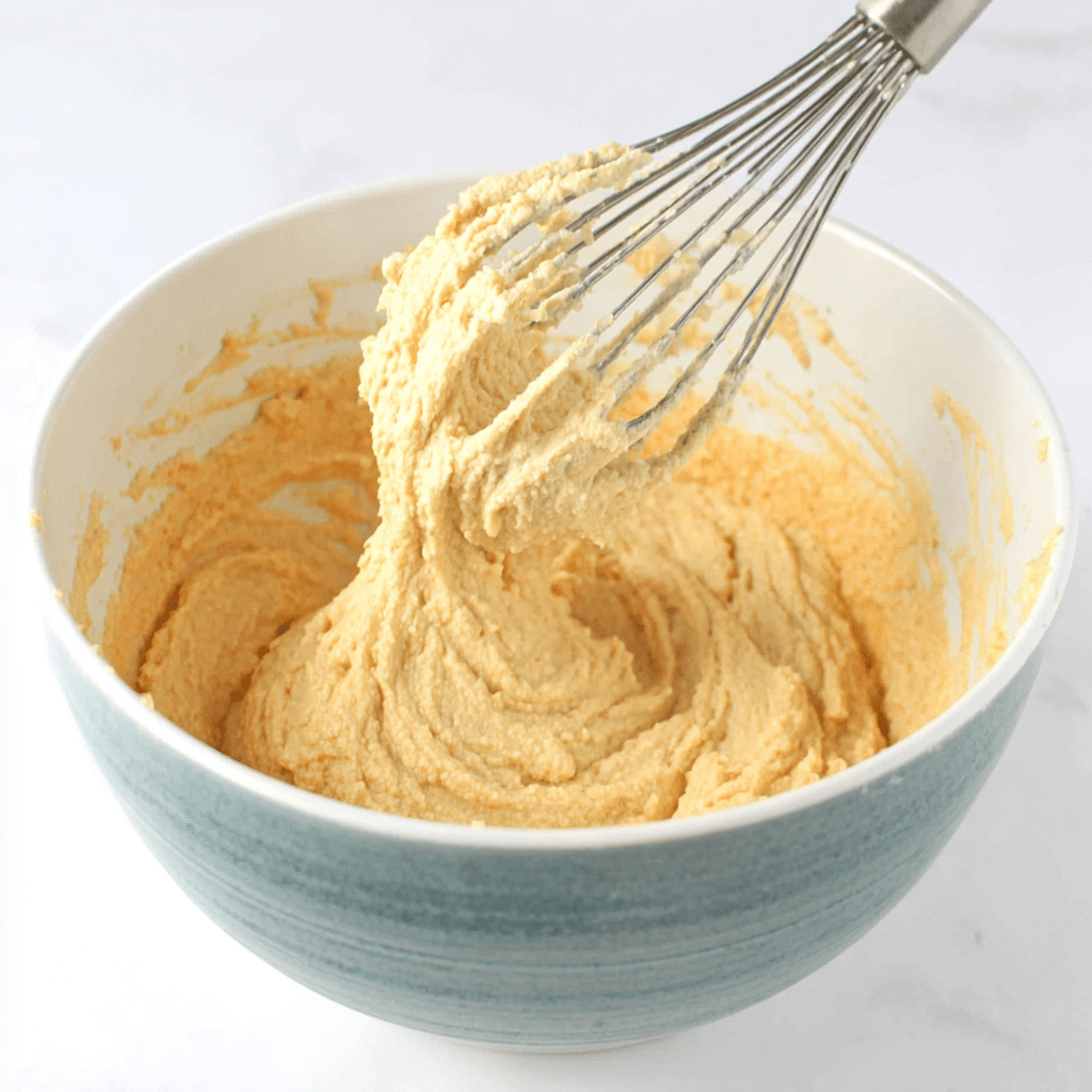 Mixing mandarin muffin batter in a glass bowl
