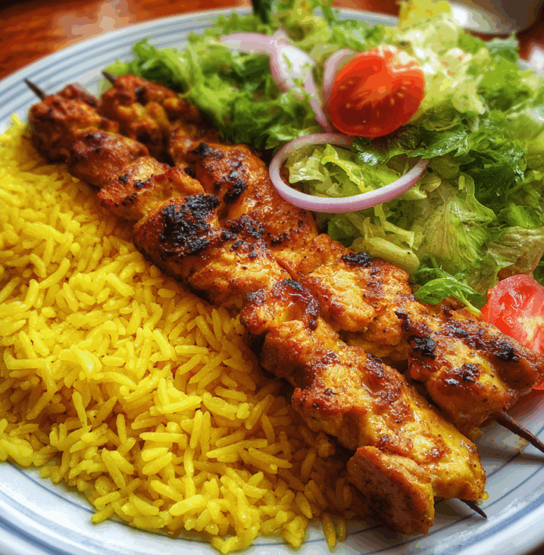 Saffron rice served with chicken skewers and fresh salad.